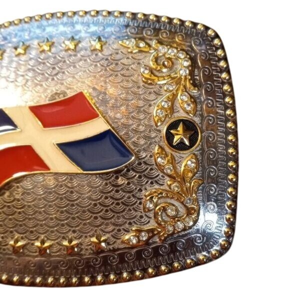 Belt Buckle Flag Dominican Republic Clear Stones Silver Gold Enamel Stars Foral - Picture 5 of 11